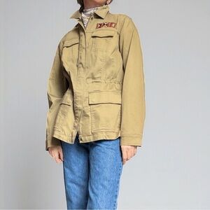 Orvis Tan Utility Khaki Jacket Military Style Rugged Cotton Patchwork Embroidery